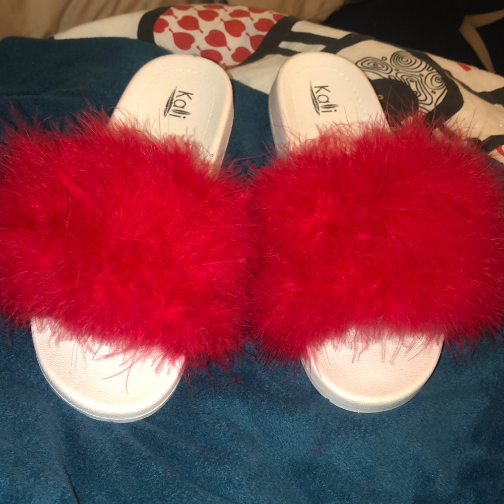Red fluffy slides brand new